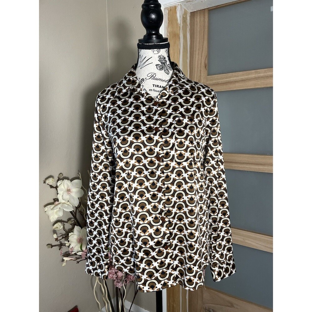 Unique Spectrum Women Small Brown Retro Collared Top Blouse Shirt Tunic